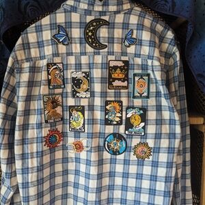 Blue Checkered Shirt with Tarot Patches